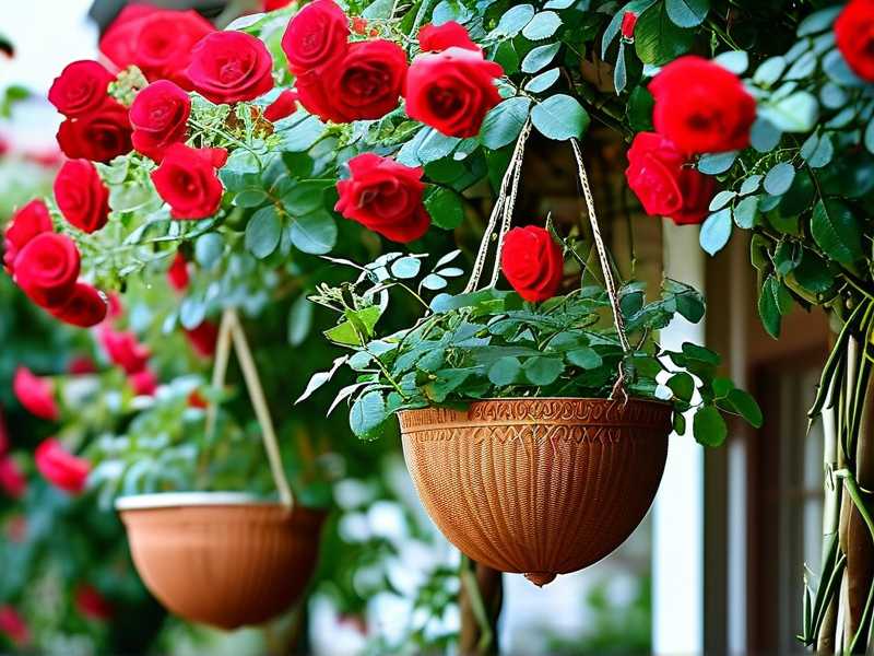 How to offset hanging‑basket heights to avoid mutual shading of rose plants